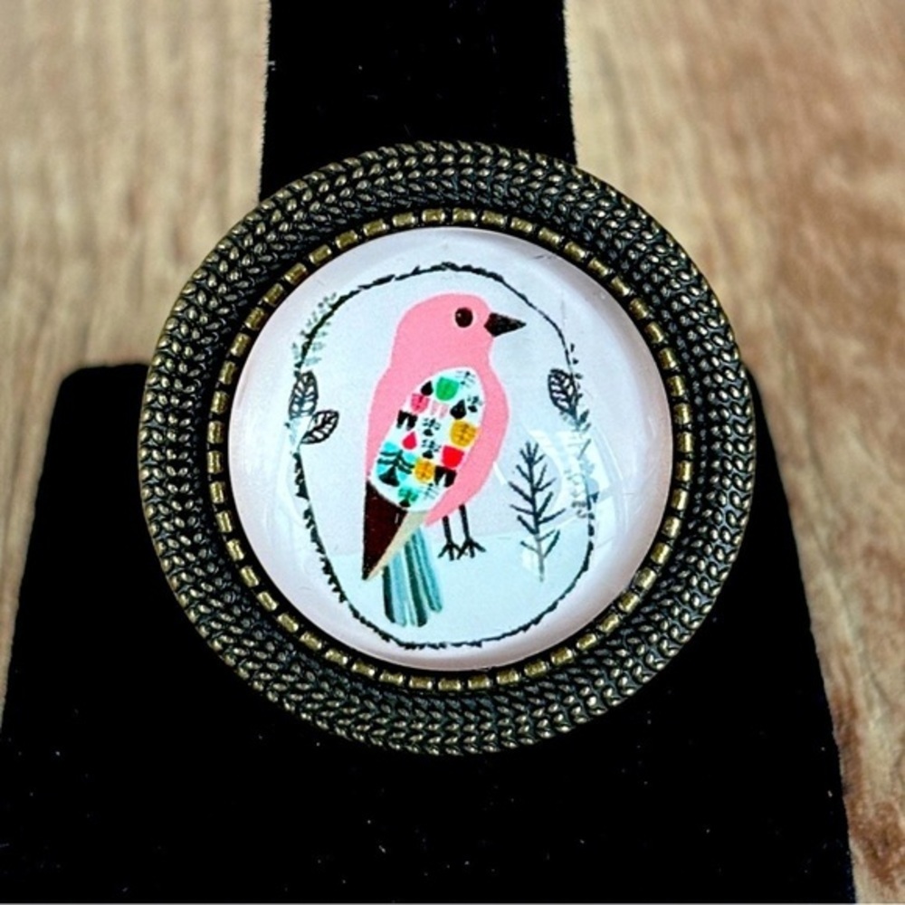 Pink Bird Print Adjustable Ring, Handmade, NWT